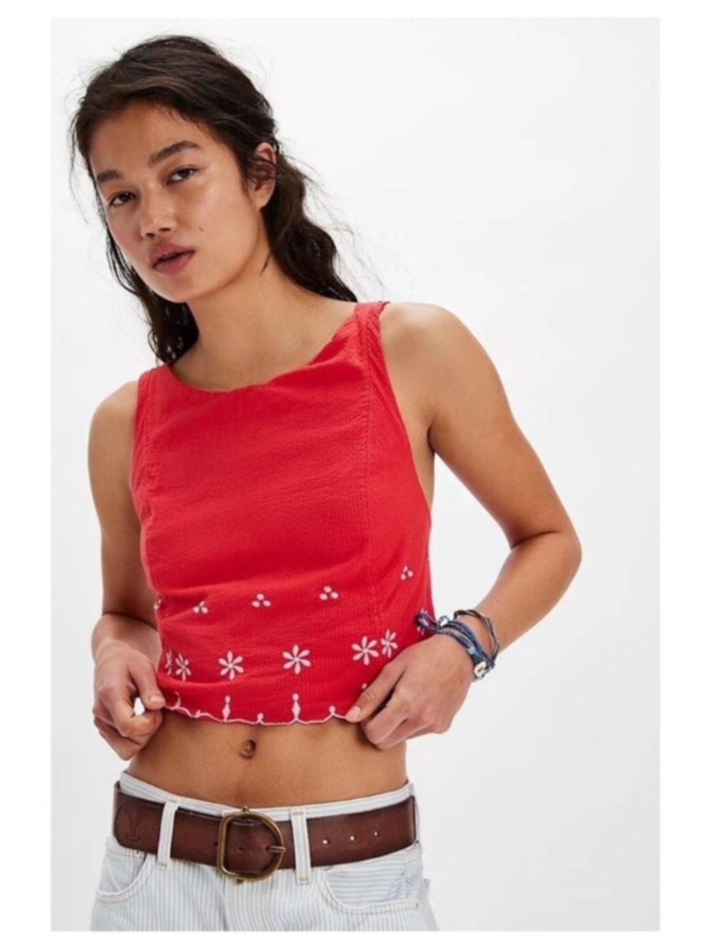 We The Free Red Floral Crochet-Trim Tank